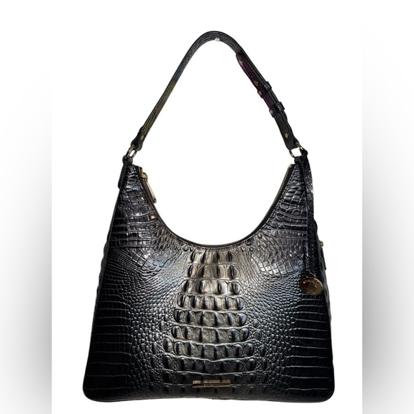 BRAHMIN Tabitha Black Crocodile-Embossed Hobo Bag with Glossy Finish - Picture 1 of 16